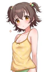 Rule 34 | 1girl, akagi miria, arm behind back, bare arms, bare shoulders, blush, breasts, brown hair, camisole, green panties, hair between eyes, hair ornament, highres, idolmaster, idolmaster cinderella girls, looking at viewer, mariabowl, no bra, no pants, panties, parted lips, print camisole, see-through, short hair, shoulder blush, simple background, small breasts, solo, spaghetti strap, star (symbol), star print, two side up, underwear, underwear only, upper body, white background, yellow camisole, yellow eyes