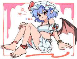 1girl bare_shoulders bat_wings black_tank_top blue_eyes blue_hair crop_top detached_sleeves fang feet full_body hat hat_ribbon highres jewelry looking_at_viewer mob_cap open_mouth panties pink_hat pink_shirt pink_skirt pink_sleeves pointy_ears ramudia_(lamyun) red_eyes red_nails red_ribbon remilia_scarlet ribbon ring shirt sitting skin_fang skirt smile solo strapless strapless_shirt tank_top touhou twitter_username underwear white_panties wings