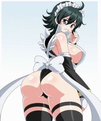 Rule 34 | 1boy, 1girl, animated, animated gif, apron, ass, ass smack, black hair, black panties, black thighhighs, blue background, breasts, commentary request, curvy, embarrassed, from behind, grey eyes, highleg, highleg leotard, huge ass, iroha (samurai spirits), japanese clothes, large breasts, leotard, lewdamone, looking at viewer, looking back, maid, maid headdress, moaning, open mouth, panties, samurai spirits, shiny skin, short hair, sideboob, simple background, slapping, spanking, standing, sweat, thick thighs, thighhighs, thighs, underwear, wide hips