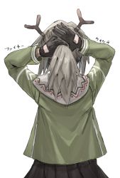Rule 34 | 1girl, antlers, arknights, arms up, black gloves, black skirt, check translation, commentary request, firewatch (arknights), from behind, gloves, green jacket, grey hair, holding, holding own hair, horn/wood, horns, jacket, long hair, pleated skirt, ponytail, reindeer antlers, simple background, skirt, solo, translation request, tying hair, white background