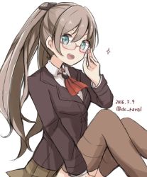Rule 34 | 10s, 1girl, 2016, ascot, bad id, bad twitter id, bespectacled, blue eyes, brown hair, brown legwear, brown skirt, dated, glasses, hair ornament, hairclip, kantai collection, kumano (kancolle), long hair, looking at viewer, open mouth, ponytail, riz (ravel dc), school uniform, skirt, solo, twitter username
