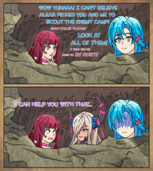 Rule 34 | 2koma, 3girls, absurdres, blue hair, bow, caught, chloe (fire emblem), choker, comic, commentary, constricted pupils, facial mark, fire emblem, fire emblem engage, green eyes, grey hair, grin, hair bow, hair ornament, highres, horns, iscreamman001, multiple girls, nintendo, pink choker, pointy ears, purple eyes, red bow, red eyes, red hair, rock, shaded face, smile, star (symbol), star hair ornament, yunaka (fire emblem), zephia (fire emblem)