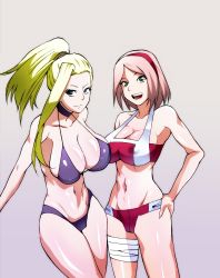 Rule 34 | 2girls, absurdres, artist request, bandages, bikini, blonde hair, breasts, choker, cleavage, closed mouth, collarbone, covered erect nipples, female focus, gradient background, green eyes, hair ornament, hairband, halterneck, hand on own hip, haruno sakura, highres, large breasts, long hair, looking at viewer, multiple girls, naruto, naruto (series), naruto shippuuden, navel, no pupils, open mouth, pink hair, ponytail, purple bikini, red bikini, red hairband, shiny skin, short hair, smile, swept bangs, swimsuit, toned, yamanaka ino