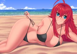 Rule 34 | 1girl, ahoge, beach, bikini, bikini pull, black bikini, blue eyes, blurry, blurry background, breast press, breasts, cleavage, closed mouth, clothes pull, collarbone, crossed bangs, hair between eyes, high school dxd, large breasts, looking at viewer, lying, navel, ocean, pulled by self, red hair, rias gremory, rocky-ace, side-tie bikini bottom, signature, smile, solo, swimsuit, thighs