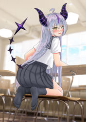 Rule 34 | 1girl, absurdres, ahoge, alternate costume, andy2465, black skirt, black socks, blurry, blurry background, blush, chair, classroom, commentary request, demon girl, demon horns, desk, embarrassed, feet, from behind, full body, highres, hololive, horns, kneeling, la+ darknesss, legs, long hair, looking at viewer, multicolored hair, no shoes, on chair, open mouth, photo background, pleated skirt, pointy ears, purple hair, school chair, school desk, school uniform, shiny skin, shirt, short sleeves, sidelocks, skirt, socks, soles, solo, streaked hair, striped horns, toes, virtual youtuber, white shirt