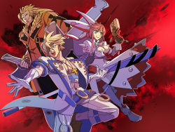 Rule 34 | 1girl, 2boys, arc system works, big hair, blonde hair, blue eyes, breasts, cleavage, cleavage cutout, clothing cutout, clover, cross, cross necklace, dress, elphelt valentine, eyepatch, flag, flower, gloves, grey eyes, guilty gear, guilty gear xrd, gun, handgun, hat, jewelry, large breasts, leo whitefang, long hair, multiple boys, muscular, necklace, open mouth, red hair, rose, sack, short hair, sin kiske, smile, weapon, wedding dress