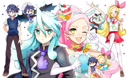 Rule 34 | 10s, 1boy, 1girl, ;d, animal ears, bad id, bad pixiv id, blonde hair, blue hair, brother and sister, chibi, cure parfait, dress, dual persona, elbow gloves, food-themed hair ornament, gloves, hair ornament, hairband, horse ears, horse girl, houhou (black lack), julio (precure), kirahoshi ciel, kirakira precure a la mode, locked arms, magical girl, one eye closed, open mouth, pink hair, pleated skirt, precure, school uniform, serafuku, siblings, simple background, skirt, smile, star-shaped pupils, star (symbol), sweater vest, symbol-shaped pupils, thighhighs, v over eye, white background, white gloves, white thighhighs