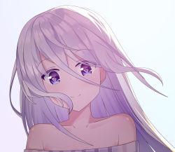 Rule 34 | 1girl, bad id, bad pixiv id, bare shoulders, collarbone, commentary request, face, hair between eyes, highres, long hair, looking at viewer, nagisa (cxcx5235), off shoulder, original, pink hair, purple eyes, simple background, smile, solo, white background