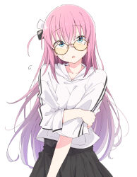 Rule 34 | 1girl, alternate costume, bespectacled, black skirt, blue eyes, bocchi the rock!, commentary request, cube hair ornament, eitopondo, glasses, gotoh hitori, hair ornament, highres, hood, hoodie, long hair, long sleeves, parted lips, partial commentary, pink hair, pleated skirt, simple background, skirt, solo, sweatdrop, white background, white hoodie