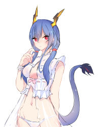Rule 34 | 1girl, absurdres, ar gun, arknights, arm behind back, babydoll, bare shoulders, blue hair, blush, breasts, ch&#039;en (arknights), closed mouth, cowboy shot, dragon girl, dragon horns, dragon tail, highres, horns, lingerie, long hair, looking at viewer, low twintails, medium breasts, navel, panties, red eyes, see-through, solo, tail, twintails, underwear, underwear only, v-shaped eyebrows, white panties, wristband