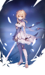 Rule 34 | 1girl, absurdres, bare shoulders, blonde hair, breasts, capelet, cleavage, dress, feather hair ornament, feathers, flower, gauntlets, genshin impact, hair between eyes, hair flower, hair ornament, highres, kino (m6t2a), looking at viewer, lumine (genshin impact), sky, star (sky), starry sky, white dress, yellow eyes