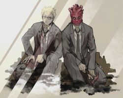 Rule 34 | 1boy, blood, chain, different reflection, dorohedoro, dual persona, formal, glasses, greyscale, hammer, heart (organ), lapels, male focus, mask, minats, mirror, monochrome, necktie, notched lapels, peaked lapels, reflection, scar, serious, shin (dorohedoro), sitting, solo, suit, tuxedo
