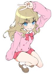 Rule 34 | blue eyes, blunt bangs, blush, brown footwear, brown hair, buttons, cardigan, collared shirt, dot nose, eyebrows hidden by hair, grin, hair between eyes, hand up, highres, long hair, long sleeves, looking at viewer, mewkledreamy, neck ribbon, nokita (pinmisil), open mouth, pink cardigan, pink sweater, pleated skirt, red ribbon, red skirt, ribbon, shirt, shoes, simple background, skirt, smile, socks, squatting, star (symbol), star in eye, sweater, symbol in eye, tsukishima maira, v, wavy hair, white background, white shirt, white socks
