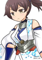 Rule 34 | 1girl, azur lane, brown eyes, brown hair, cosplay, dated, detached sleeves, hand on own hip, historical name connection, japanese clothes, kaga (azur lane), kaga (azur lane) (cosplay), kaga (battleship) (azur lane), kaga (kancolle), kantai collection, kikumon, kimono, long hair, luci ole, name connection, one-hour drawing challenge, side ponytail, simple background, solo, twitter username, white background, white kimono