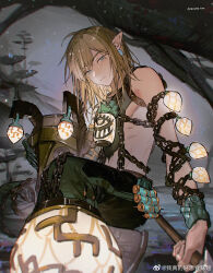 1boy akihare bishounen blonde_hair blue_eyes chain commentary expressionless from_below glowing head_tilt unworn_headwear helmet unworn_helmet highres jitome lantern link looking_at_viewer male_focus medium_hair miner&#039;s_set_(zelda) nintendo official_alternate_costume pointy_ears solo the_legend_of_zelda the_legend_of_zelda:_tears_of_the_kingdom