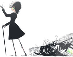 1girl black_dress black_hair cane commentary_request dress full_body green_eyes hand_up holding holding_cane junk keida_riiko looking_at_viewer looking_back mask mask_on_head mechanical_arms mechanical_legs original short_hair simple_background smile solo white_background