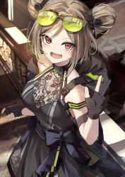 Rule 34 | 1girl, alternate costume, black dress, black gloves, breasts, brown hair, cleavage, commission, double bun, dress, eyewear on head, girls&#039; frontline, gloves, hair bun, hand up, highres, looking at viewer, medium hair, momiji oroshi, open mouth, p90 (girls&#039; frontline), partially fingerless gloves, red eyes, sash, short hair, skeb commission, sleeveless, sleeveless dress, smile, solo, standing, sunglasses, waving