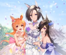 Rule 34 | 3girls, :d, air groove (quercus civilis) (umamusume), air groove (umamusume), animal ears, bare shoulders, black hair, blue dress, blue eyes, blue flower, blue rose, blurry, blurry background, blush, breasts, brown eyes, brown hair, cleavage, commentary request, confetti, depth of field, dress, flower, gloves, hair between eyes, hair flower, hair ornament, hair over one eye, highres, holding another&#039;s arm, holding hands, horse ears, horse girl, horse tail, jacket, long hair, looking at viewer, mayano top gun (sunlight bouquet) (umamusume), mayano top gun (umamusume), multicolored nails, multiple girls, nail polish, open mouth, pants, pink dress, pink nails, purple eyes, purple flower, purple rose, rice shower (longed-for scenery) (umamusume), rice shower (umamusume), rose, see-through, see-through cleavage, short hair, sleeveless, sleeveless dress, smile, standing, strapless, strapless dress, sunflower, tail, tsunakawa, twitter username, umamusume, veil, white gloves, white jacket, white pants, yellow flower, yellow nails