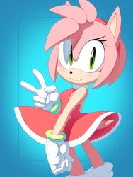Rule 34 | 1girl, absurdres, amy rose, argento (sonicboom53), blue background, blush, breasts, commentary, cowboy shot, dress, english commentary, eyelashes, furry, furry female, gloves, green eyes, hedgehog, hedgehog ears, hedgehog tail, highres, looking at viewer, medium breasts, pink hair, red dress, short hair, smile, solo, sonic (series), standing, v, white gloves