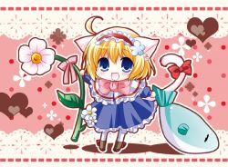 Rule 34 | 1girl, alice margatroid, animal ears, bad id, bad pixiv id, blonde hair, blue eyes, cat ears, cat girl, cat tail, chibi, female focus, fish, flower, hairband, solo, tail, touhou, white-brown