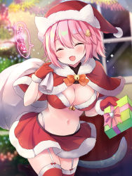 Rule 34 | 1girl, ^ ^, bad id, bad pixiv id, bell, bikini, bikini top only, blush, box, breasts, capelet, closed eyes, fang, fur-trimmed bikini, fur trim, garter straps, gift, gift box, gloves, hair between eyes, hat, heart, highres, holding, holding gift, jingle bell, kantai collection, large breasts, masayo (gin no ame), navel, open mouth, pink hair, red bikini, red capelet, red gloves, santa costume, santa hat, short hair, smile, solo, speech bubble, swimsuit, tama (kancolle), thighhighs, translation request
