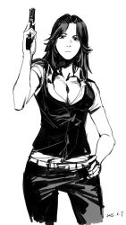 Rule 34 | 1girl, belt, breasts, cleavage, closed mouth, cowboy shot, dated, finger on trigger, greyscale, gun, hand on own hip, hand up, helena harper, highres, holding, holding gun, holding weapon, large breasts, looking at viewer, monochrome, pants, parted bangs, popped collar, resident evil, resident evil 6, ruukii drift, short sleeves, simple background, solo, vest, weapon, white background