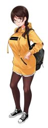 Rule 34 | 1girl, backpack, bag, breasts, brown eyes, brown hair, converse, from side, glasses, hair ornament, hairclip, hood, hoodie, large breasts, low twintails, original, pantyhose, sasamori tomoe, shoes, skirt, sneakers, solo, sweater, twintails, white skirt, yellow sweater