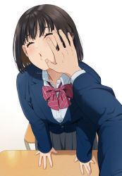 Rule 34 | 1boy, 1girl, arm support, black hair, black skirt, blazer, blue jacket, blush, bow, brown hair, chair, closed eyes, collared shirt, desk, diagonal-striped bow, dress shirt, eyebrows hidden by hair, hand on another&#039;s face, jacket, long sleeves, mattaku mousuke, multicolored hair, original, parted lips, pleated skirt, red bow, school chair, school desk, school uniform, shirt, simple background, skirt, sleeves past wrists, solo focus, two-tone hair, white background, white shirt