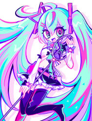 Rule 34 | 1girl, ahoge, aqua bow, aqua bowtie, aqua eyes, aqua hair, black footwear, black skirt, boots, bow, bowtie, commentary request, crop top, detached sleeves, eyelashes, foot out of frame, hair ornament, hairclip, hatosabure, hatsune miku, highres, holding, holding microphone, leg up, long hair, looking at viewer, microphone, neon palette, open mouth, pink eyes, shirt, skirt, smile, solo, thigh boots, twintails, two-tone eyes, very long hair, vocaloid, white shirt