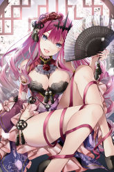 Rule 34 | 1girl, :d, akatsuki hijiri, artist logo, bare shoulders, between breasts, black footwear, breasts, chinese knot, cleavage, cleavage cutout, clothing cutout, dress, baobhan sith (fate), fang, fate/grand order, fate (series), fingernails, flats, flower, folding fan, gold trim, grey eyes, hair between eyes, hair flower, hair ornament, hand fan, hand up, head tilt, highres, knees, large breasts, legs, long fingernails, long hair, long sleeves, looking at viewer, nail polish, open mouth, pink hair, pointy ears, red dress, red nails, red ribbon, ribbon, sidelocks, signature, skin fang, smile, solo, tassel, thighs, tiara