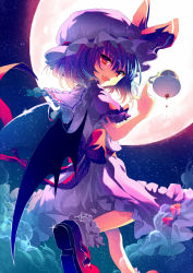 Rule 34 | 1girl, :d, bat wings, blue hair, cup, fang, female focus, full moon, hat, hat ribbon, leg up, looking at viewer, moon, open mouth, red eyes, reia, remilia scarlet, ribbon, skirt, smile, solo, teacup, touhou, wings