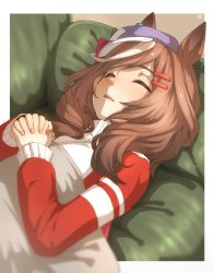 Rule 34 | 1girl, animal ears, brown hair, commentary, couch, closed eyes, hair ornament, hairclip, hat, highres, horse ears, jacket, long hair, lying, matikane tannhauser (umamusume), multicolored hair, on back, on couch, open mouth, own hands clasped, own hands together, sleeping, solo, streaked hair, thin (suzuneya), track jacket, two-tone hair, umamusume, white hair
