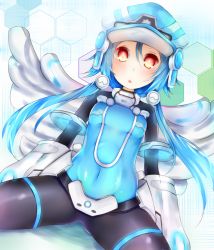 Rule 34 | 10s, 1girl, :o, armor, bad id, bad pixiv id, blanc (neptunia), blue hair, blush, bodysuit, breasts, cabbie hat, colored eyelashes, covered navel, cowboy shot, dutch angle, faulds, gauntlets, gorget, hair between eyes, hair ornament, hat, highres, honeycomb (pattern), honeycomb background, honeycomb pattern, looking at viewer, magical girl, mitsuba (watergarden), neptune (series), next white, open mouth, power symbol, power symbol-shaped pupils, red eyes, shin jigen game neptune vii, short hair with long locks, sidelocks, sitting, small breasts, solo, symbol-shaped pupils, white heart (neptunia), wings