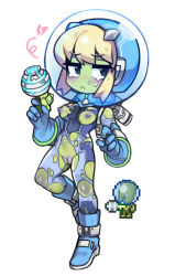Rule 34 | 1girl, alien, black eyes, blonde hair, blue footwear, blue gloves, bodysuit, boots, brain scrambler, breasts, broken heart, cleft of venus, colored skin, creature and personification, energy gun, full body, furrowed brow, gloves, green skin, gun, heart, helmet, holding, holding gun, holding weapon, knee boots, leg up, medium breasts, no nose, nyong nyong, personification, ray gun, short hair, simple background, solo, space helmet, terraria, torn bodysuit, torn clothes, uncensored, weapon, white background