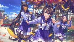 Rule 34 | 4girls, aircraft, airplane, animal, animal ears, autumn leaves, bird, black footwear, black hair, black pantyhose, blue eyes, blue sky, bow, braid, brick wall, brown hair, building, car, carrot, cloud, commentary request, contrail, daring tact (umamusume), dark-skinned female, dark skin, day, feathers, feet out of frame, food, food in mouth, food on face, frilled skirt, frills, hair between eyes, hand up, highres, holding hands, horse ears, horse girl, horse tail, lamborghini, loafers, long hair, maruzensky (umamusume), motor vehicle, multicolored hair, multiple girls, okada manabi, outdoors, pantyhose, pleated skirt, purple eyes, purple shirt, purple skirt, purple thighhighs, running, school uniform, shirt, shoes, skirt, sky, special week (umamusume), sports car, symboli kris s (umamusume), tail, thighhighs, tracen school uniform, tree, two-tone hair, umamusume, very long hair, white bow, white hair, window, yellow feathers
