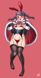 Rule 34 | 1girl, animal ears, bikini, black garter straps, black gloves, black thighhighs, blush, breasts, cameltoe, cape, christmas, cigarette, cleft of venus, commentary request, cross, cross necklace, elbow gloves, embarrassed, fake animal ears, finalcake, full body, garter straps, gloves, highres, jewelry, jill stingray, long hair, looking at viewer, medium breasts, micro bikini, navel, necklace, no shoes, purple hair, rabbit ears, red bikini, red cape, red eyes, solo, swimsuit, thighhighs, twintails, underboob, va-11 hall-a, wrist cuffs