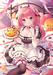 Rule 34 | 1girl, apron, bed, black bow, black dress, black thighhighs, blush, bow, breasts, candy, choker, cleavage, cross, dress, feet out of frame, finger to mouth, food, frilled dress, frills, gingham dress, green eyes, head wings, heart, heart-shaped pillow, horn ornament, horns, index finger raised, jack-o&#039;-lantern, large breasts, lollipop, looking at viewer, maid headdress, nail polish, nemuri nemu, on bed, original, pillow, puffy short sleeves, puffy sleeves, red hair, red ribbon, ribbon, short sleeves, single thighhigh, sitting, smile, sunlight, thigh strap, thighhighs, tongue, tongue out, twintails, white apron, wings, wrist cuffs