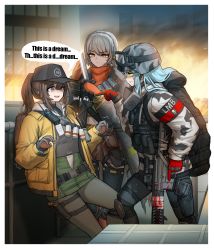 Rule 34 | 3girls, absurdres, acog, assault rifle, bandolier, cheogtanbyeong, cleaners, combat knife, commentary, dier (girls&#039; frontline), dima (girls&#039; frontline), duct tape, english text, explosive, gas mask, genderswap, genderswap (mtf), girls&#039; frontline, gloves, goggles, goggles on headwear, grenade, gun, h&amp;k hk416, helmet, highres, hk416 (fang) (girls&#039; frontline), hk416 (girls&#039; frontline), knife, last man battalion, mask, mask around neck, multiple girls, pointing, rifle, rogue division agent, scope, speech bubble, tactical clothes, thighhighs, tom clancy&#039;s the division, trigger discipline, vector (girls&#039; frontline), vector (hellfire) (girls&#039; frontline), weapon, winter uniform