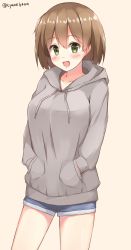 Rule 34 | 10s, 1girl, :d, blush, brown hair, chaa (korone-ze), green eyes, hands in pockets, highres, hiryuu (kancolle), hood, hoodie, kantai collection, looking at viewer, open mouth, short hair, short shorts, shorts, smile, solo, twitter username, upper body