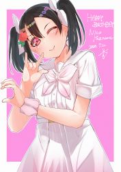Rule 34 | 1girl, a song for you! you? you!, absurdres, artist name, belt, black hair, blush, bow, collarbone, female focus, flower, hair bow, hair flower, hair ornament, highres, looking at viewer, love live!, love live! school idol project, neckerchief, nico nico nii, one eye closed, parted lips, pink neckerchief, pink scrunchie, red eyes, red flower, sailor collar, scrunchie, shirt, short hair, skirt, smile, solo, twintails, white belt, white bow, white legwear, white shirt, white skirt, yaa-kun, yazawa nico