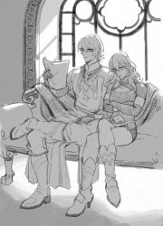 Rule 34 | 1boy, 1girl, bad id, bad twitter id, boots, byleth (female) (fire emblem), byleth (fire emblem), byleth (male) (fire emblem), closed eyes, couch, crossed arms, crossed legs, dual persona, fire emblem, fire emblem: three houses, gloves, greyscale, highres, long hair, monochrome, navel, nintendo, paper, short hair, sitting, sunsembrace, window