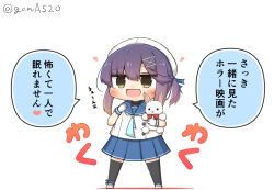 Rule 34 | 1girl, black thighhighs, blue sailor collar, blue skirt, brown eyes, chibi, commentary request, full body, goma (yoku yatta hou jane), gradient hair, hat, hugging doll, hugging object, kantai collection, multicolored hair, open mouth, pleated skirt, purple hair, sailor collar, sailor hat, sailor shirt, school uniform, serafuku, shirt, short hair, short hair with long locks, short sleeves, simple background, skirt, smile, solo, standing, stuffed animal, stuffed rabbit, stuffed toy, thighhighs, translated, tsushima (kancolle), twitter username, wavy mouth, white background, white hat, white shirt