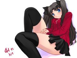 Rule 34 | 00s, 1girl, between legs, black bow, black hair, black skirt, black thighhighs, blue eyes, blush, bow, chestnut mouth, cross print, fate/stay night, fate (series), hair bow, hair ribbon, hand between legs, hoshikuzu junction, leaning back, legs, long hair, long sleeves, looking at viewer, miniskirt, parted bangs, pleated skirt, red shirt, ribbon, shirt, sitting, skirt, solo, sweater, thighhighs, tohsaka rin, two side up, white background