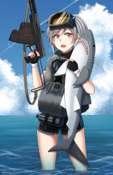 Rule 34 | 1girl, :d, absurdres, animal, animal hug, aps rifle (girls&#039; frontline) (ndtwofives), aps underwater rifle, assault rifle, black gloves, blue sky, bodysuit, brown eyes, character name, cloud, cloudy sky, day, diving mask, diving mask on head, diving suit, fang, fingerless gloves, girls&#039; frontline, gloves, goggles, goggles on head, grey hair, gun, hair between eyes, hand up, highres, holding, holding gun, holding weapon, horizon, long rifle, looking at viewer, ndtwofives, needlegun, ocean, one side up, open mouth, original, outdoors, rifle, shark, short sleeves, sky, smile, solo, standing, toz (tulsky oruzheiny zavod), trigger discipline, tsniitochmash, tula arms plant, twitter username, underwater firearm, underwater magazine, wading, water, weapon, wet, wetsuit
