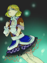 Rule 34 | 1girl, arm warmers, black shirt, black skirt, blonde hair, brown jacket, commentary request, feet out of frame, green eyes, half updo, highres, irota, jacket, layered clothes, looking at viewer, mizuhashi parsee, multicolored clothes, multicolored jacket, open mouth, pointy ears, sash, scarf, shirt, short hair, short sleeves, skirt, solo, touhou, white sash, white scarf