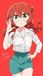 Rule 34 | 1girl, :o, absurdres, adjusting eyewear, alternate costume, blush, bocchi the rock!, breasts, buttons, glasses, hair between eyes, hand on own hip, highres, kita ikuyo, legs, looking at viewer, medium hair, miniskirt, open mouth, ponytail, raised eyebrows, red background, red hair, shirt, side ponytail, sidelocks, signature, simple background, skirt, small breasts, solo, standing, thighs, white shirt, yellow eyes, zetsuyo chimayo