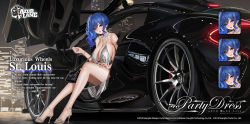 Rule 34 | 1girl, alternate costume, artist request, azur lane, bag, bare shoulders, blue hair, blue nails, bracelet, breasts, building, car, cityscape, cleavage, commentary, dress, earrings, english commentary, evening gown, formal, grey footwear, hand on own thigh, handbag, high heels, highres, jewelry, large breasts, legs, long hair, looking at viewer, mclaren, mclaren p1, motor vehicle, nail polish, necklace, night, night sky, no bra, official alternate costume, official art, revealing clothes, sidelocks, silver dress, sitting, sky, skyscraper, st. louis (azur lane), st. louis (luxurious wheels) (azur lane), swept bangs, updo, vehicle focus
