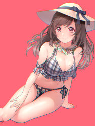 Rule 34 | 1girl, arm at side, bikini, blue ribbon, blush, breasts, brown hair, cleavage, collarbone, commentary request, floral print, flower, flower bikini, flower necklace, hand on own thigh, hat, hat ribbon, highres, idolmaster, idolmaster shiny colors, jewelry, leaning to the side, long hair, looking at viewer, mismatched bikini, necklace, plaid bikini top, red background, red eyes, ribbon, simple background, sitting, smile, solo, sun hat, swimsuit, tsukioka kogane, ubo (ubo tales)