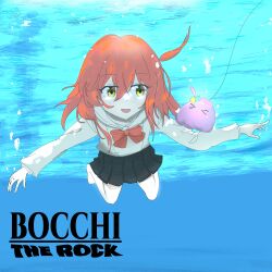 Rule 34 | 1girl, absurdres, air bubble, album, album art, album cover, album cover redraw, barefoot, bocchi the rock!, bow, bubble, cover, derivative work, fishing hook, fishing line, gotoh hitori, gotoh hitori (octopus), highres, hook, kita ikuyo, long hair, long sleeves, nevermind, nirvana (band), open mouth, red hair, sailor collar, school uniform, shuka high school uniform, skirt, submerged, swimming, underwater, water, yellow eyes