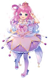 Rule 34 | 1girl, ahoge, asymmetrical legwear, blush, bracelet, breasts, bubble skirt, candy hair ornament, crescent, crescent earrings, crown, dress, earrings, food-themed hair ornament, frilled dress, frills, gradient hair, green eyes, hair ornament, hair rings, heterochromia, high heels, highres, himemori luna, himemori luna (1st costume), hololive, jewelry, layered dress, long hair, looking at viewer, mismatched legwear, multicolored hair, off-shoulder dress, off shoulder, one side up, open mouth, pink dress, pink hair, puffy short sleeves, puffy sleeves, pumps, purple eyes, purple hair, purple skirt, purple thighhighs, ribbon-trimmed dress, short sleeves, skirt, small breasts, solo, striped clothes, striped thighhighs, thighhighs, v, vertical-striped clothes, vertical-striped thighhighs, virtual youtuber, wavy hair, yun (dust-i1)
